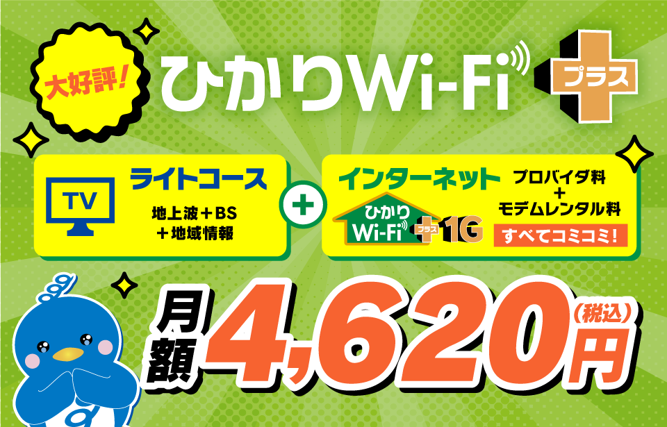 TVライトコース ＋ ひかりWi-Fiプラス1G　月額4,620円（税込）