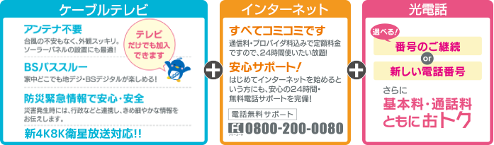 【テレビ】アンテナ不要、BSパススルー、防災緊急情報で安心･安全＋【インターネット】すべてコミコミです・安心サポート！＋【電話】選べる！番号のご継続or新しい電話番号さらに基本料・通話料ともにおトク